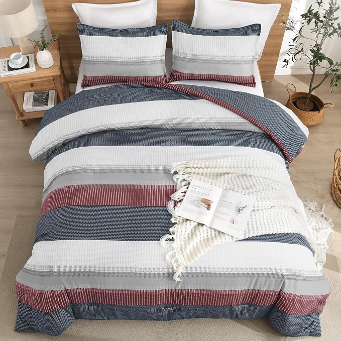Litanika Comforter Set King Size Red Blue - 3 Pieces Lightweight Colorblock Stripe Fluffy Bedding Comforter Sets, All Season Bed Set