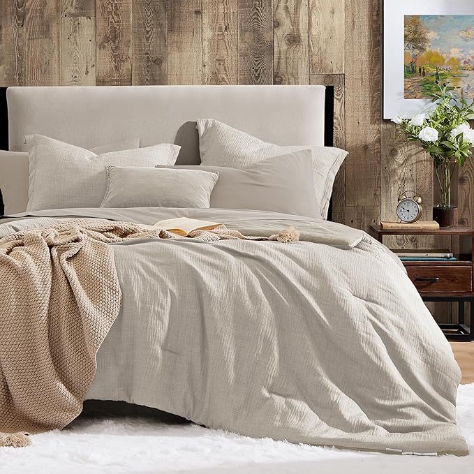 Geniospin Queen Comforter Set - 7 Pieces Comforter Queen Size, Soft Solid Bedding Set for All Season, Textured Bed in a Bag with Flat Sheet and Fitted Sheet, Pillowcases & Shams (Ivory, 90''x90'')