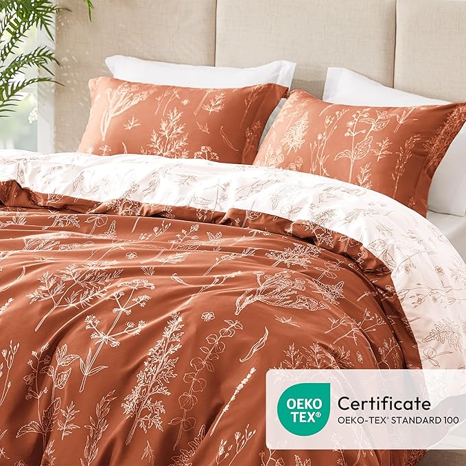 Love's cabin Terracotta Comforter Set Queen - Queen Size Comforter Set, 3 Pieces Cute Floral Bedding Sets for All Seasons,1 Soft Reversible Botanical Flowers Comforter and 2 Pillow Shams
