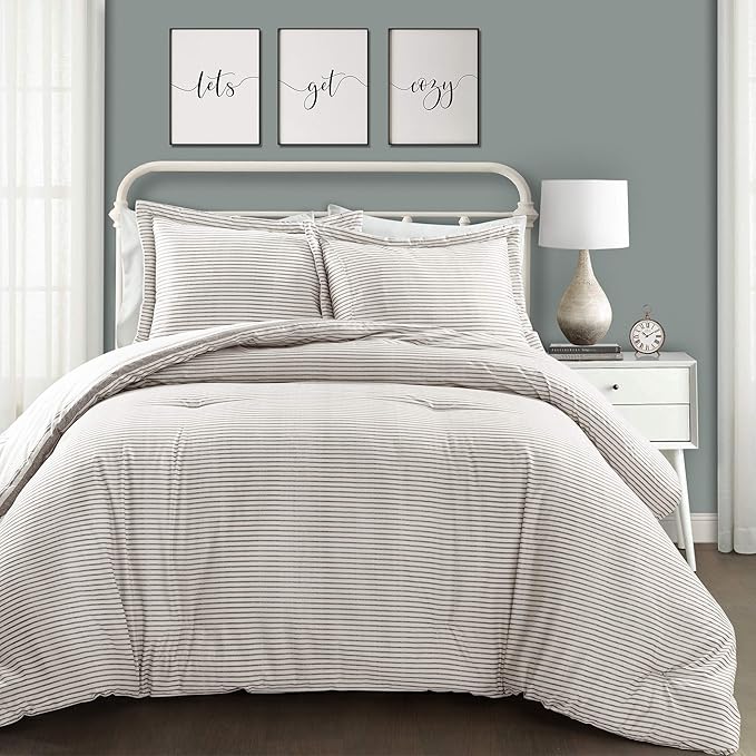 Lush Decor Farmhouse King Size Comforter Set, Reversible Cotton, 3 Piece Set, California King, Gray - Cozy Bedding - Rustic Decor - Modern Farmhouse Bedroom Decor