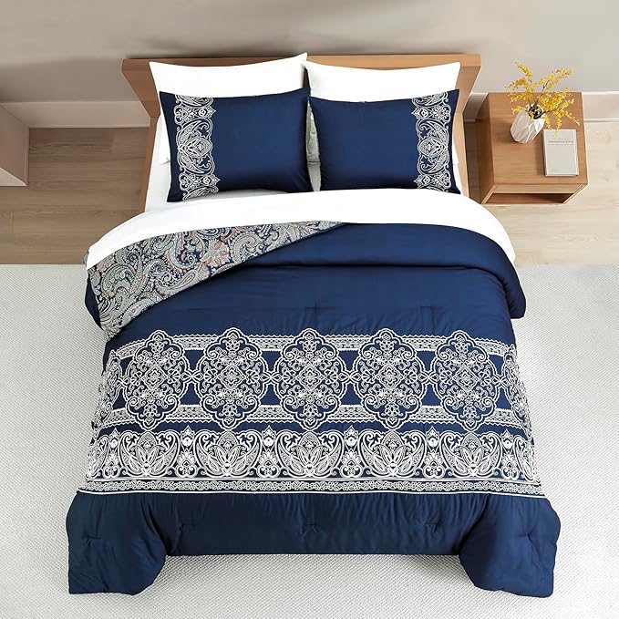Sunshine Nicole Reversible Comforter Set, Brushed Microfiber Fabric with Embroidery for Front and Printed Microfiber Fabric for Reverse, 3 Pieces Navy Queen