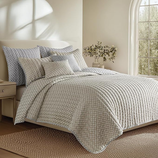 Levtex Home - Aditya Taupe Quilt Set - Full/Queen Quilt and Two Standard Shams - Bordered Medallion - Grey White Taupe - Quilt (88x92in.) and Shams (20x26in.) - Reversible - Cotton