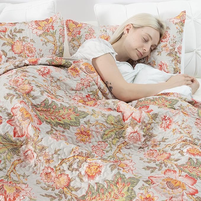 Quilt Set King Size Floral Patchwork Quilted, Soft Comforter Set Bedding Sets, Coverlet Bedspread Decorative Quilts with 2 Pillow Shams, (90"x104", 3 Pieces)