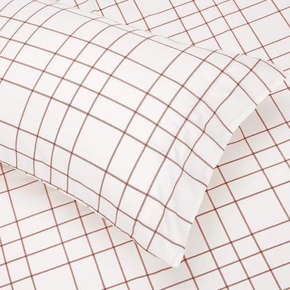 Amazon Basics Full/Queen Comforter Set with Plaid, Striped Sheets, 7-Piece Red Simple Stripe Bedding, Lightweight Microfiber Bed-in-a-Bag