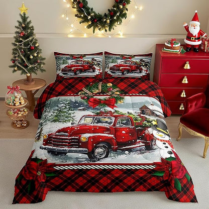 Christmas Truck Comforter Set King Size Kids Girls Boys Red Plaid Decor Pine Tree Bedding Set 3pcs Winter Snow View Quilt Set Happy New Year Gifts Duvet Insert with 2 Pillowcases