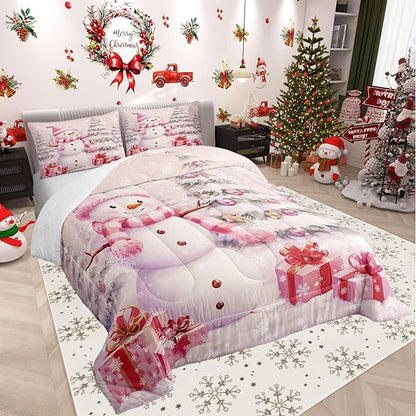 Castle Fairy Pink Christmas Snowman Boys Kids Comforter Set Full Size,Xmas Tree Gift Duvet Set Room Decor,Merry Christmas Brushed Microfiber Soft Bedding Comforter