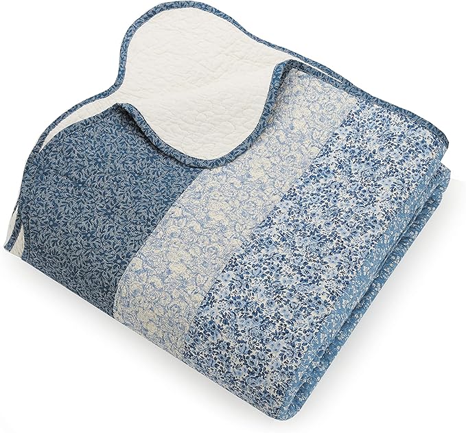 Modern Heirloom Blue Floral Embroidered Quilted Bedspread - Lightweight Breathable All Seasons Bedding, Full Size