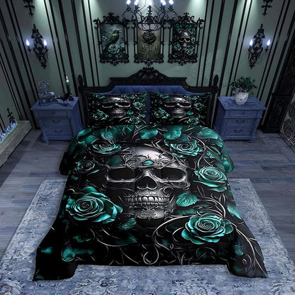 Erosebridal Gothic Bedding Set for Adluts Kids Teens Halloween Goth Skull Toddler Comforter Vintage Victorian Romantic Turquoise Rose Floral Quilt Spooky Skeleton Boho Horror Bedding,Gothic Decor
