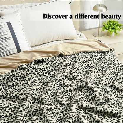 JONIYEAR Soft White Snow Leopard Faux Rabbit Fur Throw Blanket 50" x 60", Luxe Cozy Fluffy Cheetah Blankets for Couch Sofa Chair, Reversible Fuzzy Warm Animal Printed Blanket for Women Winter,Washable