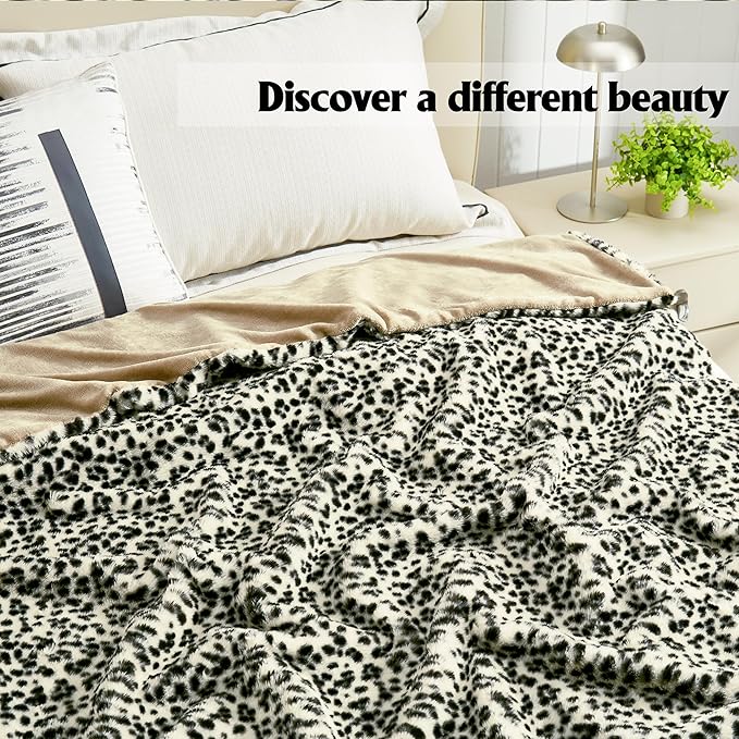 JONIYEAR Soft White Snow Leopard Faux Rabbit Fur Blanket Twin Size 60" x 70",Oversized Luxe Cozy Fluffy Cheetah Blankets for Sofa,Reversible Fuzzy Warm Animal Printed Blanket for Women Winter,Washable