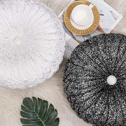 EUCIOR Round Throw Pillows,White and Silver Throw Pillows,White Decorative Pillow,Pumpkin Pleated Handmade Round Velvet Decorative Pillow for Sofa Bedroom Livingroom