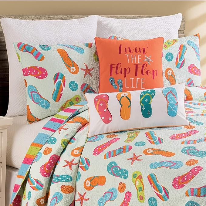 C&F Home Orange Flip Flop Life Beach Embroidered Cotton Blend Accent Throw Pillow Summer Sandals Nautical Coastal Tropical Caribbean Home Living Room Sofa Couch Chair Bed Bedroom Decor Decoration