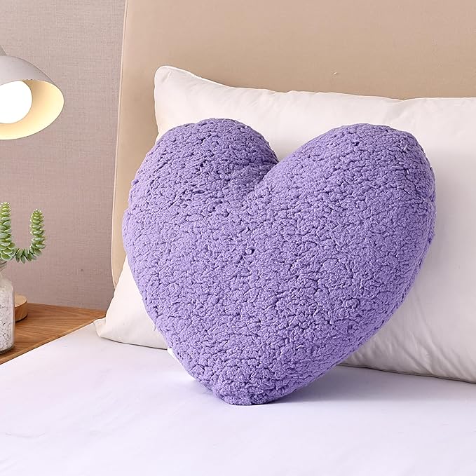 EVOLIVE Heart Pillow, Love Pillow Gifts, 15X17 Inch Large Heart Shaped Pillows, Sherpa Material Room Decor Throw Pillows, Living, Bedroom, Indoor Outdoor (Lavender)