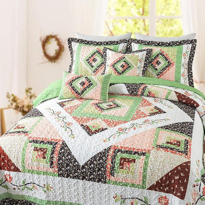 BEDIFANY Queen Size Quilt Set - Lightweight Cotton Filling Bedspread Queen Size (90 x 98 Inch) Coverlet Set - Floral Queen Quilt Bedding Sets for Bed Decorations - All Seasons, 3 Pieces - Green