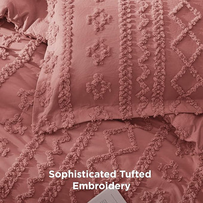 Bedsure Tufted Boho Comforter Set King Size - Grayish Pink Boho Bed Set, GentleSoft™ 3 Pieces Farmhouse Shabby Chic Embroidery Bedding, Gifts for Woman, Soft Jacquard King Comforter for All Seasons