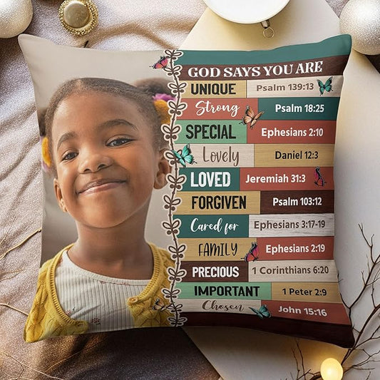 Macorner Personalized Photo Pillow (Insert Included) - God Says You are - Birthday Gifts for Daughter, Son, Kids - Daughter Gifts - Gifts for Nieces, Nephews - Self Care Inspiration Gifts