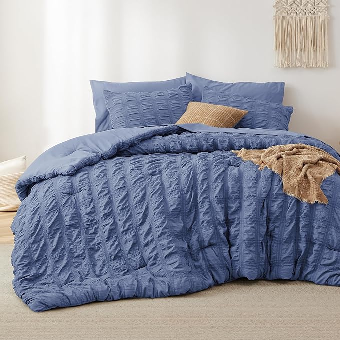Bedsure Bed in a Bag Queen - 7 Pieces Plaid Seersucker Bedding Comforter Sets, Soft Lightweight Mineral Blue Boho Bed Set with Comforters Queen Size, Sheets, Pillowcases & Shams