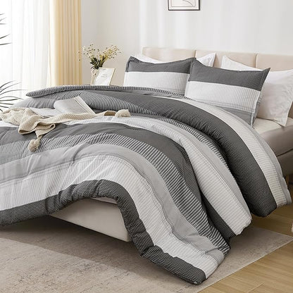 Litanika Dark Grey California King Comforter Set - 3 Pieces Cal King Oversized Lightweight Summer Colorblock Stripe Bedding Set (104x96In, 2 Pillowcases)