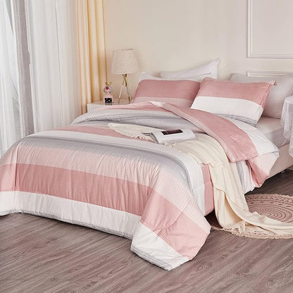 Litanika Pink Full Size Comforter Sets for Girls, 3 Pieces Blush White Colorblock Women Lightweight Bedding Comforter Set