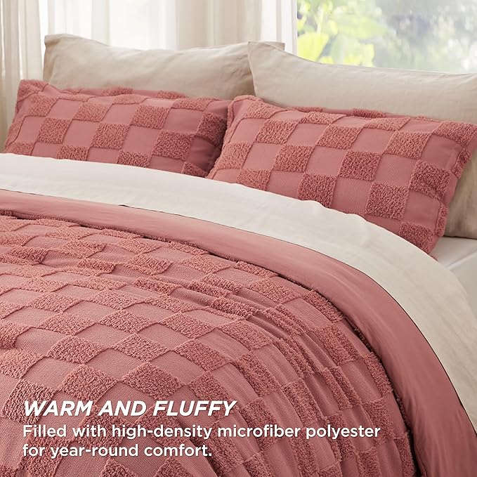 Bedsure Twin/Twin XL Comforter Set Grayish Pink, Boho Tufted Bed Set, Checkered Farmhouse Shabby Chic Bedding, 2 Pieces, 1 Plaid Geometric Comforter and 1 Pillow Sham
