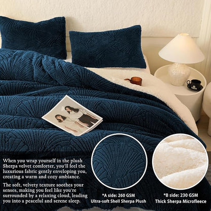 Seashell Jacquard Sherpa Comforter Set Warm Cozy Premium Bedding 3 Pieces, Full/Queen Size Geometric Pattern Quilt Comforter with 2 Pillowcases(90"X90" Dark Blue)