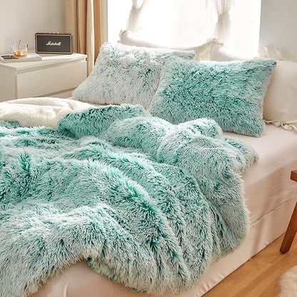 Joyreap 3-Piece Plush Shaggy Comforter Set, Twin Size Luxury Faux Fur Sherpa Reversible Bedding Comforter Set, Ultra Cozy Warm Fluffy Bedding Set for Winter (Aqua Green n White, 68x86 inches)