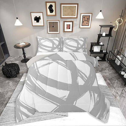 Gray and White Striped Bedding Set Full Size for Adults Youth Teens,Contemporary Boho Modern Art Comforter Set,Graffiti Stripes Lines Quilt,Aesthetic Geometric Duvet Insert for Minimalists
