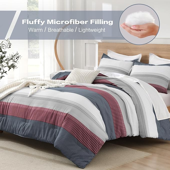 Litanika Comforter Set King Size Red Blue - 3 Pieces Lightweight Colorblock Stripe Fluffy Bedding Comforter Sets, All Season Bed Set