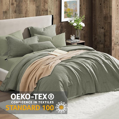 Geniospin Queen Comforter Set - 7 Pieces Comforter Queen Size, Solid Bedding Set for All Season, Textured Bed in a Bag with Sheets, Pillowcases and Shams (Sage Green, 90''x90'')