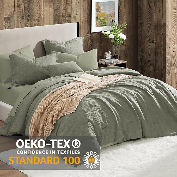 Geniospin Full Comforter Set - 7 Pieces Comforter Full Size, Solid Bedding Sets for All Season, Textured Bed in a Bag with Sheets, Pillowcases and Shams (Sage Green, 80''x90'')