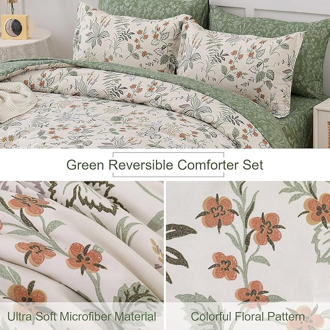 WONGS BEDDING Floral Comforter Set King Size,7 Pieces Bed in a Bag Flower Bedding Sets Botanical Microfiber Comforter Soft Loghtweight Bed Set with Sheet,Pillowcases&Shams