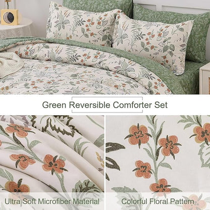 WONGS BEDDING Floral Comforter Set King Size,7 Pieces Bed in a Bag Flower Bedding Sets Botanical Microfiber Comforter Soft Loghtweight Bed Set with Sheet,Pillowcases&Shams