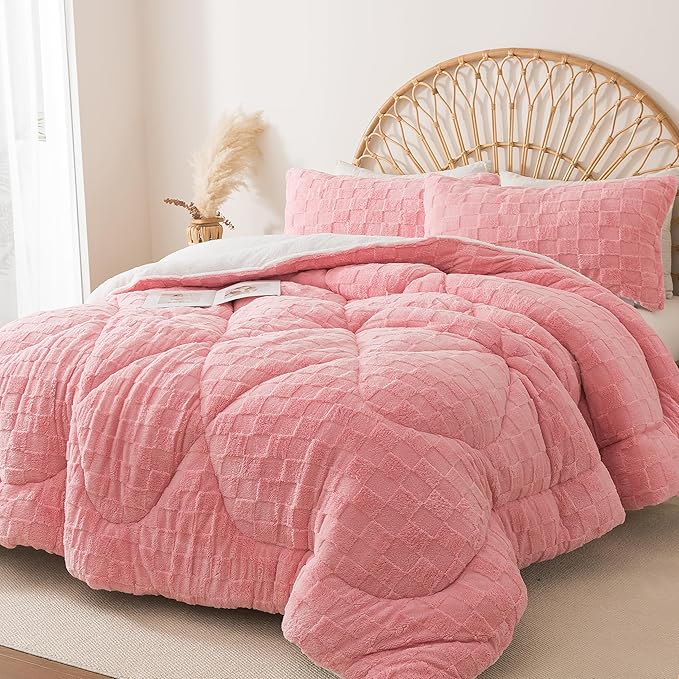 ELNIDO QUEEN® Fluffy Comforter Set King, Pink Winter Fleece Comforter Ultra Soft & Extra Pluffy Plush Comforter Set, Cozy Fuzzy Bed Comforter 3 Pieces (1Comforter, 2 Pillowcases),102x90 inch