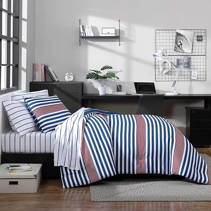 Nautica - Full/Queen Comforter Set, Ultra Soft Bedding with a Woven Textured Feel, Medium Weight for Year Round Comfort, 3 Piece Bed Set with Matching Pillowcases (Kennedy Stripe Navy)