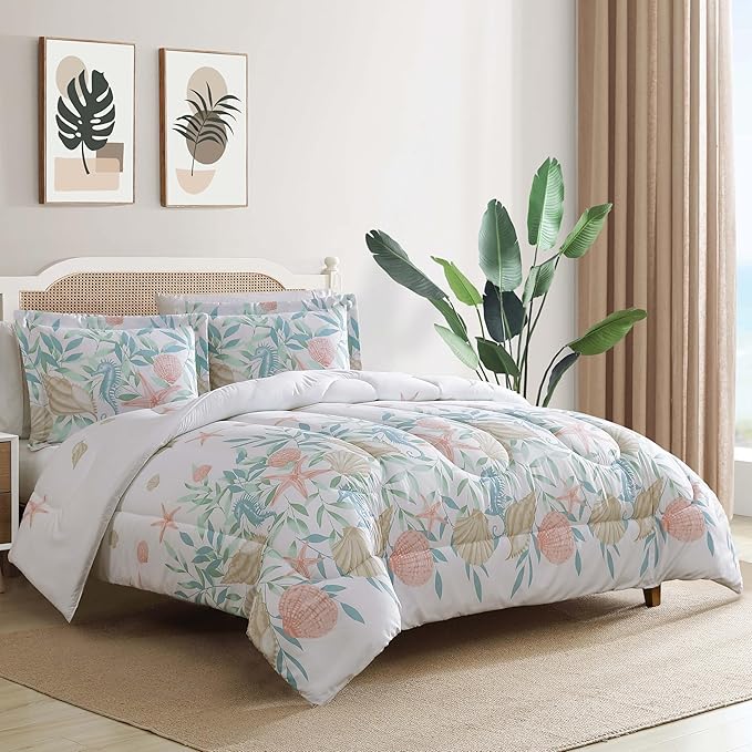 Caribbean Joe King 3-Piece Comforter Set, Tropical Coastal Beach Design Bedding, Coastal Bouquet