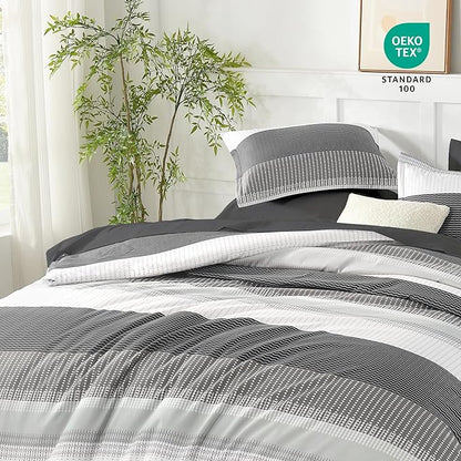 Andency Queen Comforter Set Dark Grey - 7 Pieces Grey Striped Lightweight Bed in a Bag, Soft Microfiber Reversible Bedding Set with Comforter, Fitted & Flat Sheet, Pillowcases & Shams