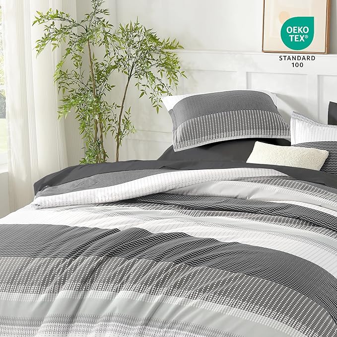Andency California King Comforter Set Dark Grey - 7 Pieces Grey Striped Lightweight Bed in a Bag, Soft Microfiber Reversible Bedding Set with Comforter, Fitted & Flat Sheet, Pillowcases & Shams