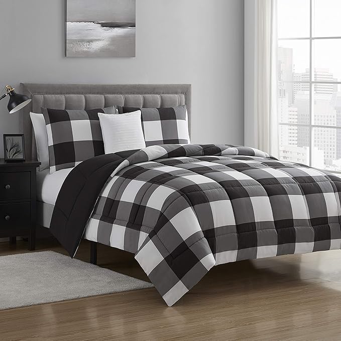 Sweet Home Collection Comforter Set 4 Piece Buffalo Check Plaid Design Soft and Luxurious All Season Warmth Down Alternative Reversible to Solid Color with 2 Shams & Throw Pillow, King, Black/White