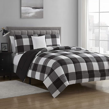 Sweet Home Collection Comforter Set 4 Piece Buffalo Check Plaid Design Soft and Luxurious All Season Warmth Down Alternative Reversible to Solid Color with 2 Shams & Throw Pillow, King, Black/White
