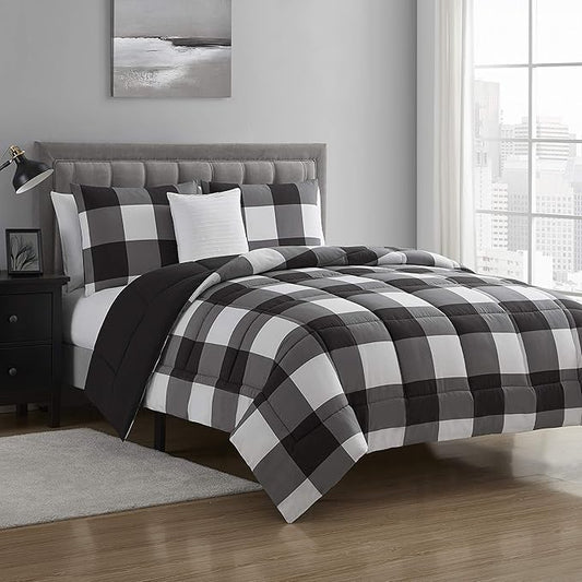 Sweet Home Collection Comforter Set 4 Piece Buffalo Check Plaid Design Soft and Luxurious All Season Warmth Down Alternative Reversible to Solid Color with 2 Shams & Throw Pillow, King, Black/White