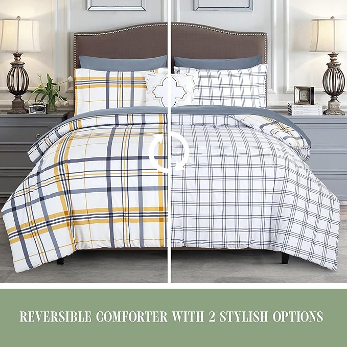 Elegant Comfort 8-Piece Lodge Plaid Reversible Comforter Set - All Season Bed in a Bag, 4-Piece Sheet Set Featuring Smart Pockets, Matching Shams and Decorative Pillow, Full/Queen, Gold