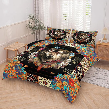 Tailor Shop Wolf Bedding Set for Boys Kids Bohemian Comforter Sets Queen Size Wildlife Hunting Wolf Bed Set with 2 Pillowcases…
