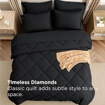 Bedsure 7 Pieces Queen Comforter Set Premium Series, Hotel Luxury Soft Bed in a Bag, Goose Down Alternative, Safe for Sensitive Skin Bedding Comforter All Season Medium Warmth, Black Queen Size