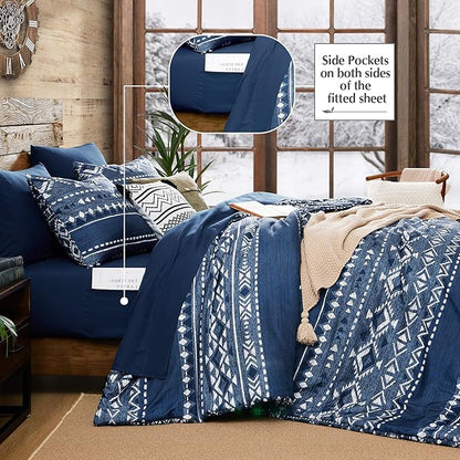 Geniospin Queen Comforter Set - 7 Pieces Comforters Queen Size, Warm Fluffy Boho Bedding Sets for All Seasons, Bed in a Bag with Flat Sheet and Fitted Sheet, Pillowcase & Sham (Blue, 90''x90'')