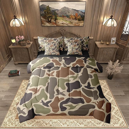 Erosebridal Hunting Duck Hunter 7 Pcs Comforter Set Queen Camo Birds Bed in A Bag Army Green Ducks Comforter for Men Camouflage Military Sheet Set Boys Wild Woodland Pillowcases Rustic Bed Set
