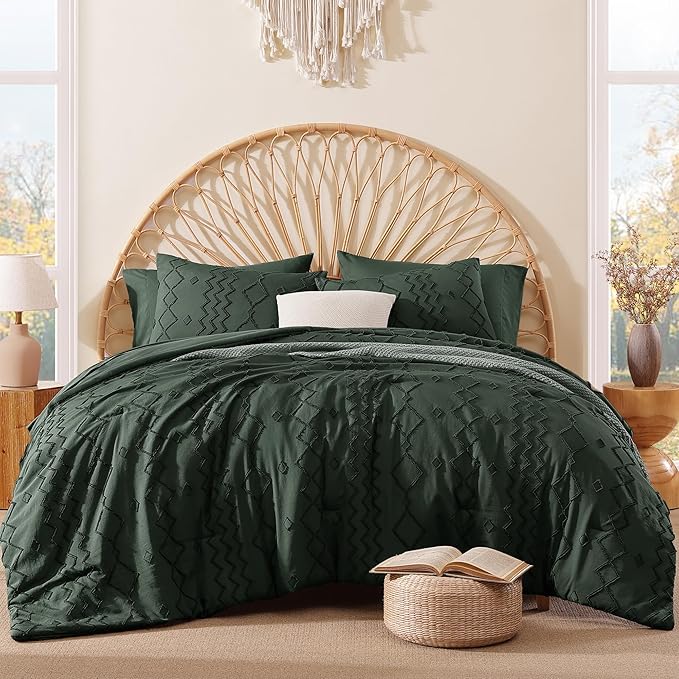 King Size Comforter Set Dark Green, Tufted Boho Bedding Farmhouse Bed Set, All Season 7 Pieces Bed in a Bag with Sheets, Pillowcases & Shams