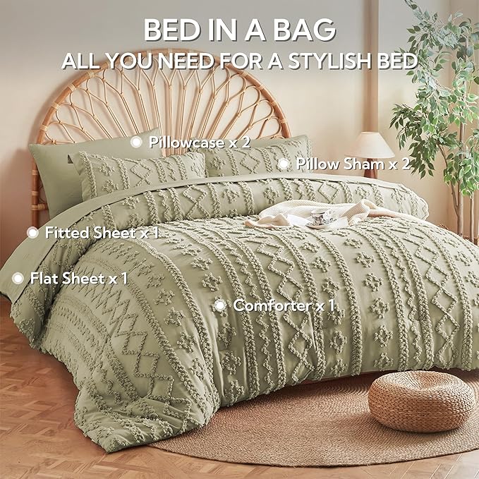 MR&HM Sage Green Boho Comforter Set Queen, Tufted Boho Bedding Set, Farmhouse Shabby Chic Bed in a Bag with 1 Comforter, 2 Pillow Shams, 2 Pillowcases, 1 Flat Sheet, 1 Fitted Sheet for All Seasons