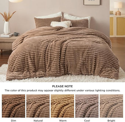 Bedsure King Size Comforter Set - GentleSoft™ 3 Pieces Fluffy Double-Side Fleece Comforter Set, Cozy Striped Room Decor Aesthetic, Luxury Taupe King Bedding with 2 Pillowcases, 104x90 Inches