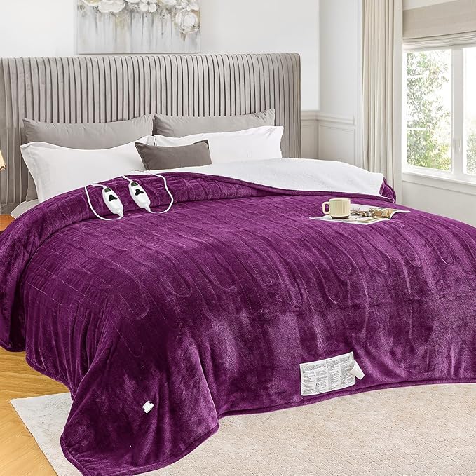 greenoak Heated Blanket Electric Queen Size 84"X90" Dual Control, Heating Blanket with 10 Heat Levels 1/2/4/6/8 Hours Auto-Off, Sherpa Soft Warm Christmas Blanket, Taro Purple