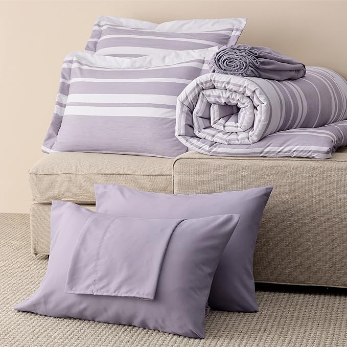 Bedsure Twin Comforter Set 5 Pieces, Purple Striped Bedding Set for All Seasons, Reversible, Cationic Dyeing Bed in a Bag with Comforter, Sheets, Pillowcase & Sham